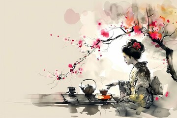 serene japanese tea ceremony with a geisha pouring tea traditional ink and wash painting digital ilustration