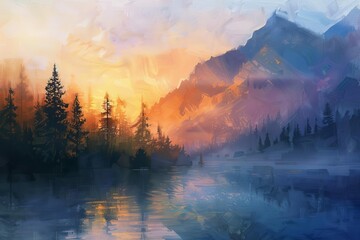 serene misty mountain landscape with a tranquil lake at sunrise oil painting on canvas digital ilustration