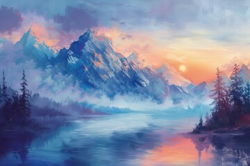 serene misty mountain landscape with a tranquil lake at sunrise oil painting on canvas digital ilustration