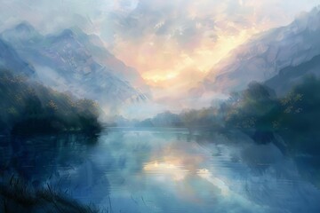 serene misty mountain landscape with a tranquil lake at sunrise oil painting on canvas digital ilustration - obrazy, fototapety, plakaty
