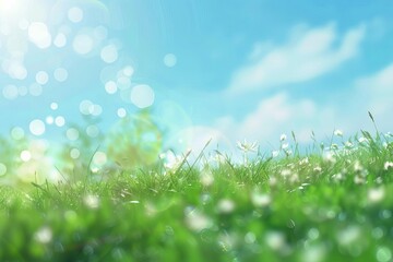 Fototapeta na wymiar sunny spring meadow blurred background with blue sky and green grass digital ilustration