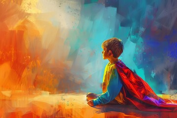 superhero dreams young boy imagining himself as a caped hero colorful digital painting digital ilustration - obrazy, fototapety, plakaty