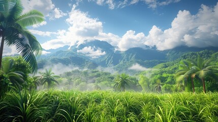 Fototapeta na wymiar Mesmerizing Tropical Rainforest Landscape with Misty Mountains and Lush Foliage in Montego Papua New Guinea