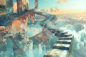 surreal dreamscape with floating staircase and impossible architecture digital art concept