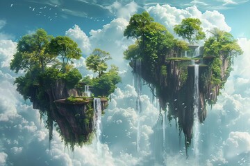 surreal floating islands with waterfalls and lush vegetation fantasy landscape digital painting digital ilustration - obrazy, fototapety, plakaty
