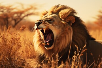 Close-up of a majestic male lion roaring in the golden light of the savanna. The lions powerful presence exudes strength and authority, capturing the essence of the wild in a breathtaking moment.