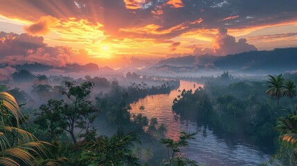 Vibrant Tropical Sunrise over a Winding River in a Lush Jungle Landscape of Papua New Guinea - obrazy, fototapety, plakaty