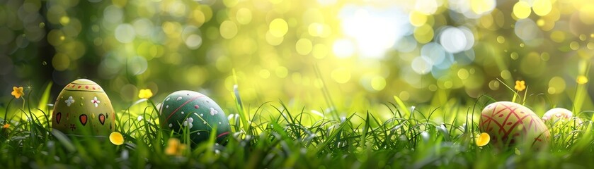 Obraz premium Springtime and Easter eggs on a grassy background, isolated and bright for text