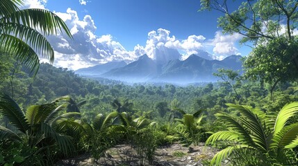 Fototapeta na wymiar Verdant Jungle Landscape of Papua New Guinea s Mohikama Region with Towering Mountains and Wispy Clouds Against a Brilliant Blue Sky