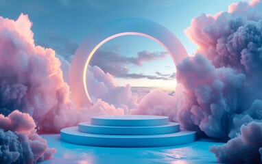 Blue background with a product podium surrounded by pink clouds Smoke fog steam background Vector illustration - obrazy, fototapety, plakaty