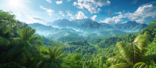 Lush Tropical Rainforest Landscape with Majestic Mountains in Papua New Guinea - obrazy, fototapety, plakaty