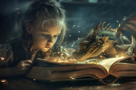 Young girl reading a fantasy book with her mythical dragon friend in a magical setting