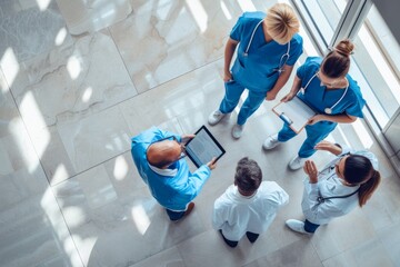 Diverse healthcare professionals using digital devices while collaborating in overhead view