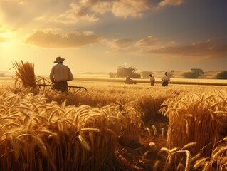 Obraz premium Busy morning on the farm: farmers tending to animals and harvest