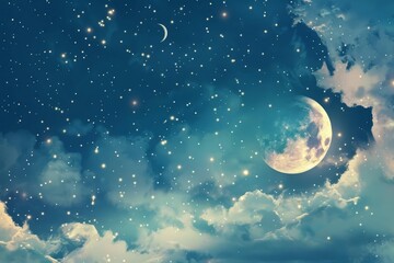 Obraz na płótnie Canvas tranquil night sky with crescent moon glittering stars and wispy clouds serene celestial scene digital ilustration