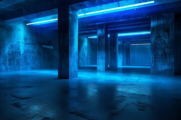underground concrete basement with blue lighting industrial grunge 3d illustration
