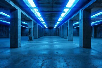 underground concrete basement with blue lighting industrial grunge 3d illustration - obrazy, fototapety, plakaty