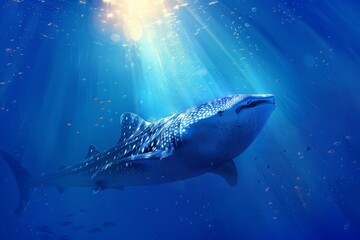 underwater view of a majestic whale shark swimming in the deep blue sea surrounded by rays of sunlight digital ilustration