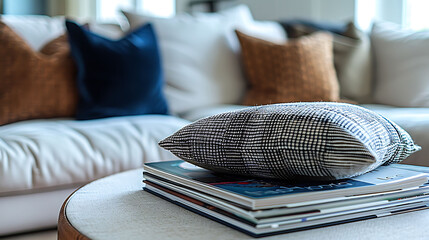 Macro shot of a stack of fashion magazines on a coffee table, modern interior design, scandinavian style hyperrealistic photography