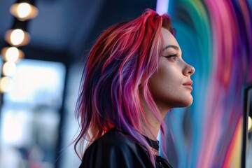 Fototapeta premium Stylish woman showcases her bright, multi-colored hair after a salon visit
