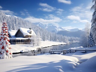 Serene snowy landscape with christmas decorations: capturing the beauty of a winter wonderland