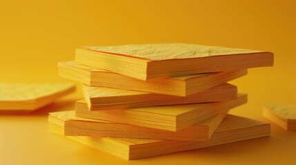 Stacked Blotting Papers on Wooden Surface in Vibrant Yellow Hue - obrazy, fototapety, plakaty