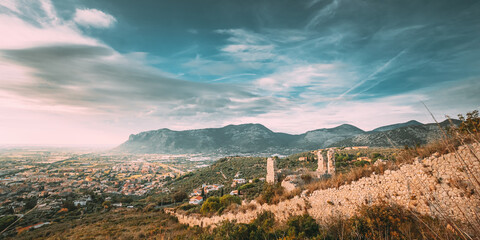 Terracina, Italy. Top View Of Old Roman Fortress Wall With Towers