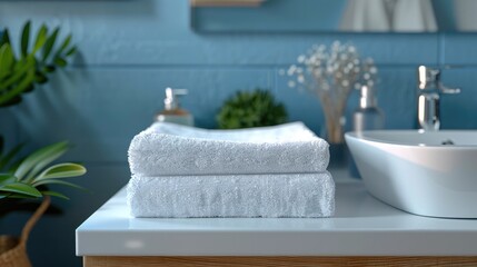 Fototapeta na wymiar Elegant Bathroom Vanity with Fluffy White Towels for a Serene Hygiene Routine