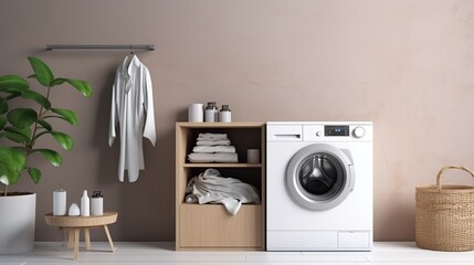 Minimalistic and modern laundry room interior with washing machine, basket, and towels