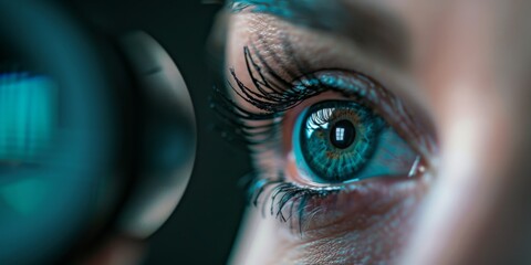 Closeup of a female eye with electric blue iris peering through a telescope