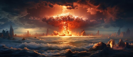 Dramatic nuclear explosion in the ocean causing massive destruction and pollution - obrazy, fototapety, plakaty