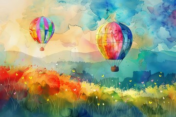 vibrant rainbowcolored hot air balloons floating over lush green fields watercolor painting digital ilustration - obrazy, fototapety, plakaty