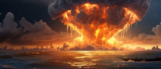 Dramatic nuclear explosion in the ocean causing massive destruction and pollution - obrazy, fototapety, plakaty