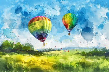 Obraz na płótnie Canvas vibrant rainbowcolored hot air balloons floating over lush green fields watercolor painting digital ilustration