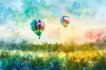 Fototapeta na wymiar vibrant rainbowcolored hot air balloons floating over lush green fields watercolor painting digital ilustration