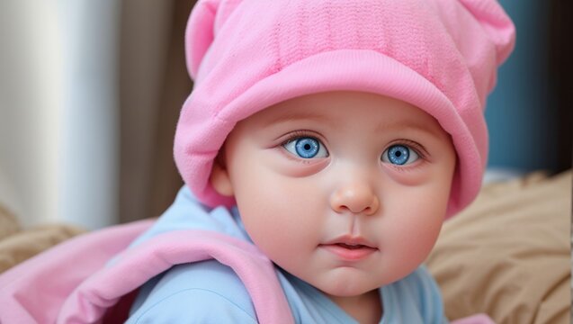 A baby wearing a pink hat is looking at the camera.


