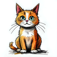 A colorful cartoon drawing of Cat, in the style of rough comic sketch, white background, flat colors, color markers - generated by ai