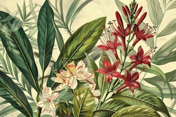vintage botanical illustration with exotic flowers and leaves antique nature study drawing digital ilustration