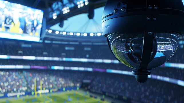An electric blue security camera hangs from the stadium ceiling
