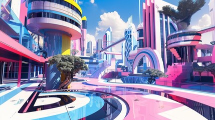 Bold Memphis style architecture in a futuristic city  AI generated illustration