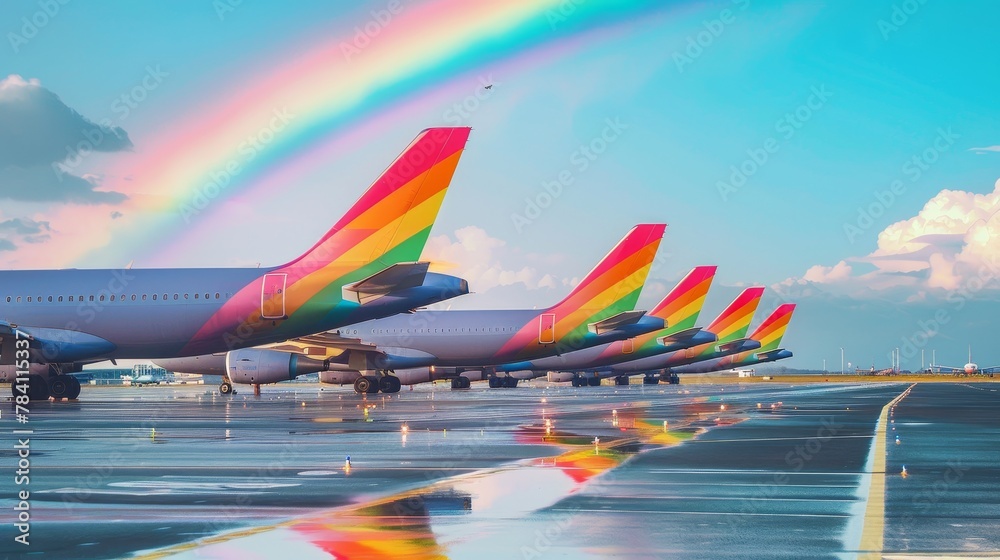 Wall mural Bright rainbow airplanes   AI generated illustration