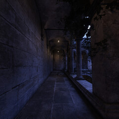 3D rendered fantasy background of a Victorian house in the patio's corridor at night 