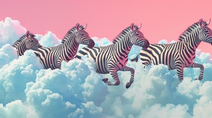 Obraz premium Bright zebras riding clouds AI generated illustration