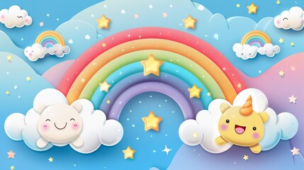 Cheerful rainbow with cloud characters   AI generated illustration