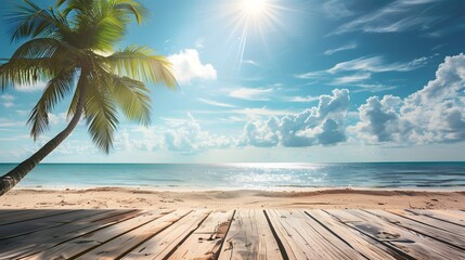 Table background of free space and landscape of sea with palm.