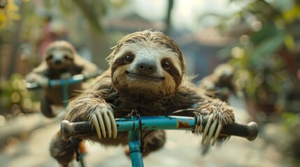 Fototapeta premium Cute sloths on flying scooters AI generated illustration