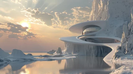 Tableaux ronds sur aluminium Gris D render of a futuristic building in a surreal landscape   AI generated illustration