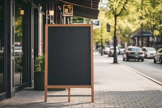 Blank blackboard restaurant shop sign or menu boards near the entrance to restaurant. Cafe menu on the street. Whiteboard sign mockup in front of a restaurant