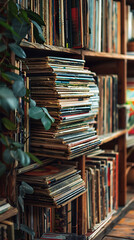 Macro shot of a stack of vintage vinyl records on a shelf, scandinavian style interior