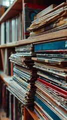 Fototapeten Macro shot of a stack of vintage vinyl records on a shelf, scandinavian style interior © Warda